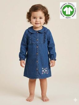 SWEETLIME BY AS - Embroidery Cotton Denim Knee Length Dress Navy Blue