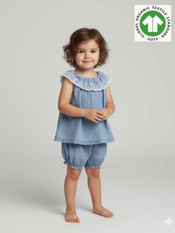SWEETLIME BY AS - Blue Cotton Denim Ruffle Dress & Bloomer Co-Ord (Set of 2)