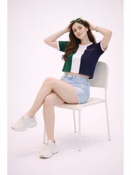 The Fit Theory - Women Green White Navy Crop Top