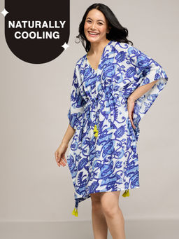 Nykd by Nykaa - Breezy Rayon Kaftan With Tasselled Tie-Up At Waist Nys136 Blue