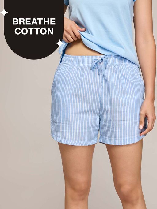 Nykd by Nykaa Summer Essential Super Comfy Cotton Relax Fit Shorts-NYS914-Blue Stripe