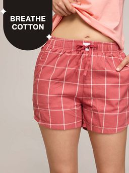 Nykd by Nykaa - Essential Cotton Shorts With Pockets & Adjustable Waist Nys914 Brick Check