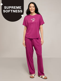 Nykd by Nykaa - Buttery Soft Modal Cotton Pyjama Coord Set With Round Neck Graphic Tee Nys932 Wine