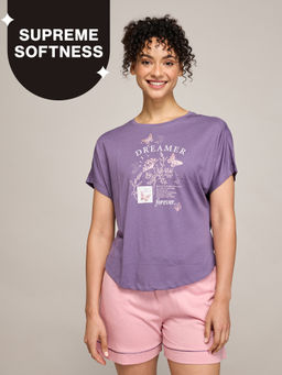 Nykd by Nykaa - Buttery Soft Modal Cotton Shorts Coord Set Graphic Tee Nys940 Purple