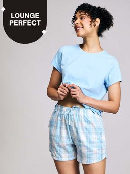 Nykd by Nykaa - Essential Cotton Shorts Coord Set With Crew Neck Cotton Knit Tee Nys942 Blue