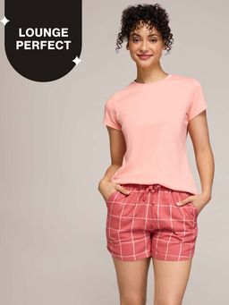 Nykd by Nykaa - Essential Cotton Shorts Coord Set With Crew Neck Cotton Knit Tee Nys942 Peach & Brick Check