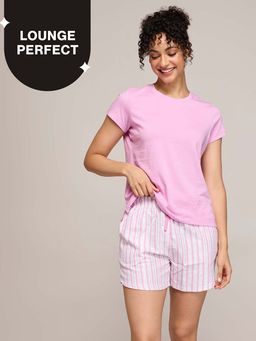 Nykd by Nykaa - Essential Cotton Shorts Coord Set With Crew Neck Cotton Knit Tee Nys942 Pink
