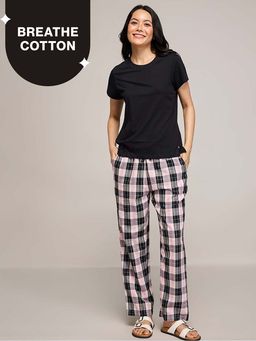 Nykd by Nykaa - Essential Cotton Pyjama Coord Set With Crew Neck Cotton Knit Tee Nys943 Black
