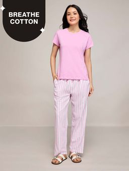 Nykd by Nykaa - Essential Cotton Pyjama Coord Set With Crew Neck Cotton Knit Tee Nys943 Pink