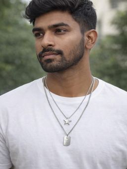 JEWELZ - Men Silver-Toned Layered Star and Tag Pendant Necklace