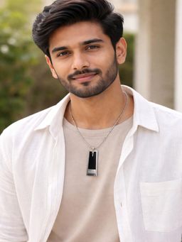 JEWELZ - Men Silver-Toned Rectangular Black Pendant Necklace