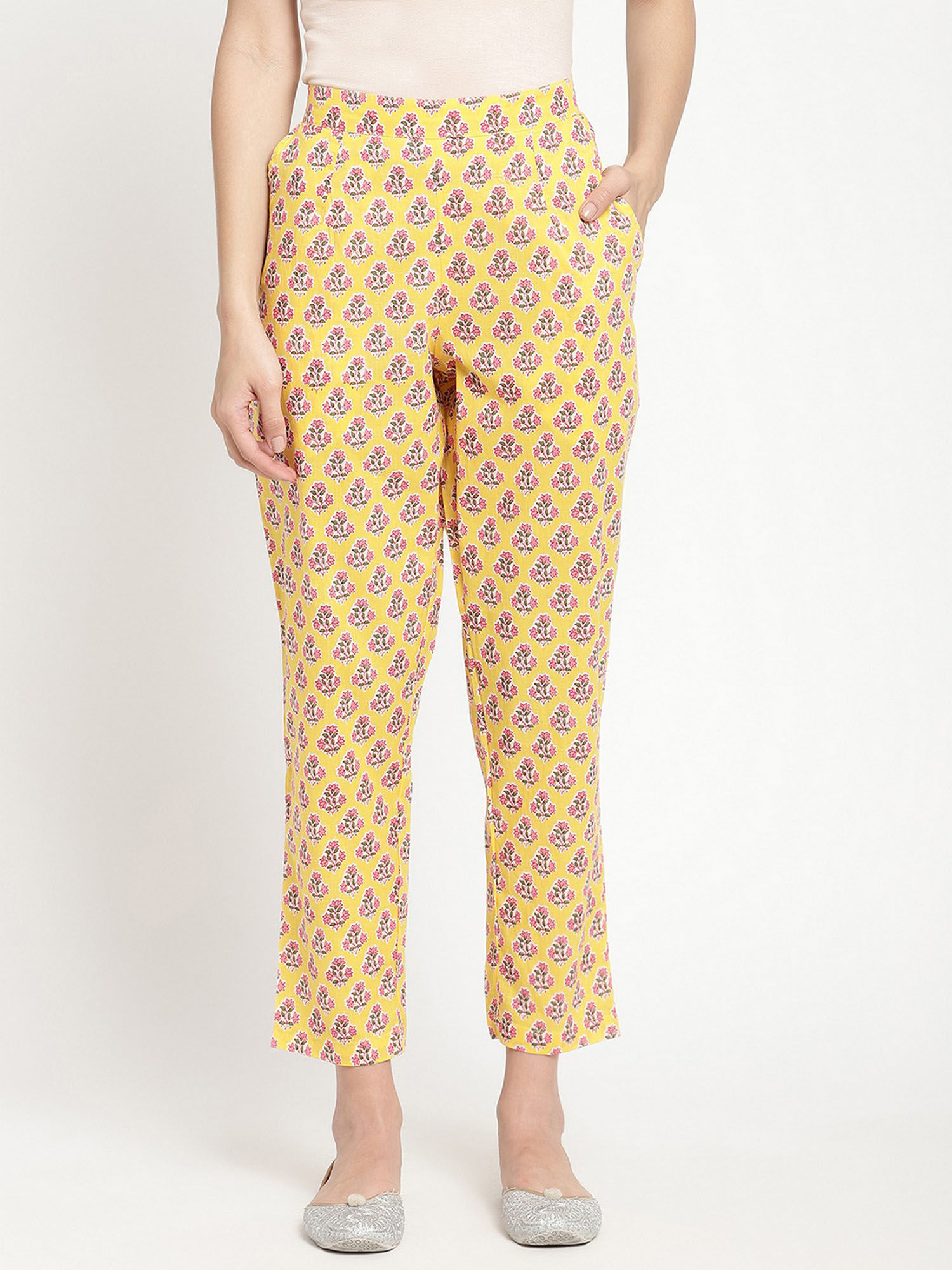 savi Yellow Cotton Floral Print Straight Pant-picture-25