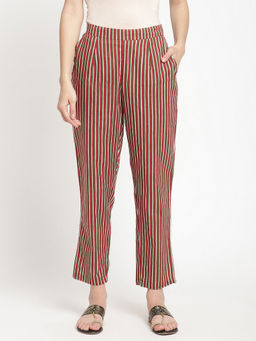 SAVI - Dark Brown Cotton Striped Straight Pant