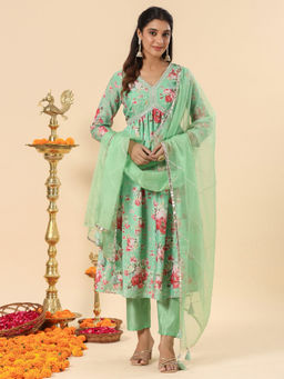 SAVI - Mint Green Chanderi Gathered Kurta & Pant with Dupatta (Set of 3)