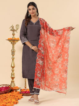SAVI - Grey Viscose Straight Kurta & Pant With Dupatta (Set of 3)
