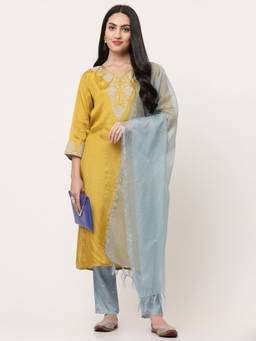 SAVI - Mustard Embroidered Kurta & Pant With Dupatta (Set of 3)