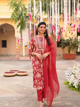 SAVI - Maroon Floral Festive A Line Kurta & Pant With Dupatta (Set of 3)