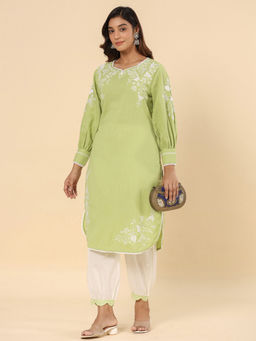 SAVI - Cotton Green Embroidered Designer Kurta with Pant (Set of 2)