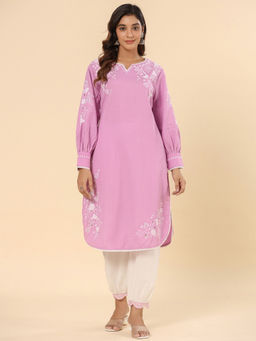 SAVI - Cotton Lavender Embroidered Designer Kurta with Pant (Set of 2)