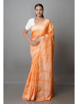 Unnati Silks - Peach Pure Block Printed Chanderi Sico Saree with Unstitched Blouse