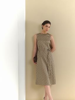 FableStreet - Beige Satin Printed Dress