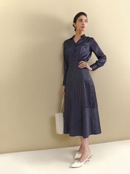 FableStreet - Navy Blue Satin Stripes Shirt with Skirt