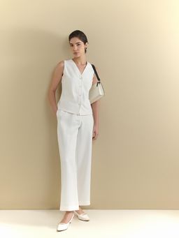 FableStreet - White Polyester Solid Waistcoat with Trouser