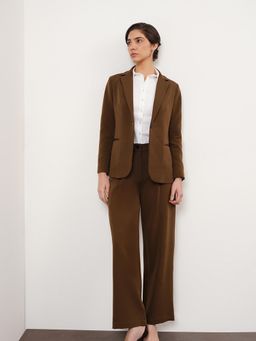 FableStreet - Brown Polyester Solid Blazer with Trouser