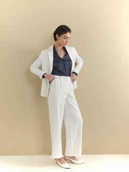 FableStreet - Beige Crepe Solid Blazer with Trouser
