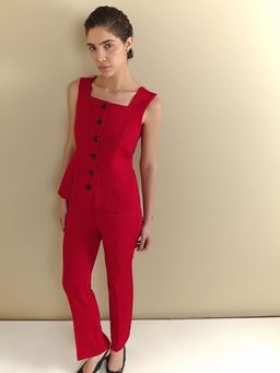 FableStreet - Red Polyester Solid Waistcoat with Trouser