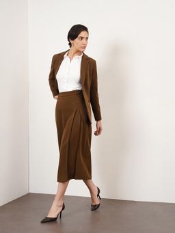 FableStreet - Brown Polyester Solid Blazer with Skirt