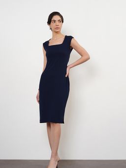 FableStreet - Navy Blue Polyester Solid Dress
