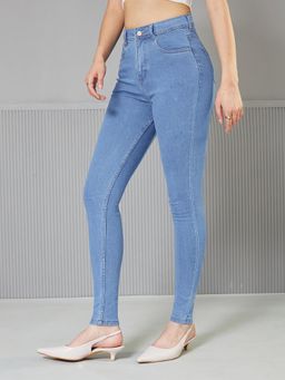 Miss Chase - Women's Blue Skinny High Rise Distressed Regular Length Denim Jeans