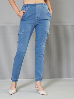 Miss Chase - Women's Light Blue Regular High Rise Clean Look Stretchable Denim joggers