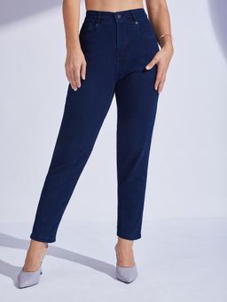 Miss Chase - Women's Navy Blue High Rise Clean Look Regular-Length Denim Mom's Jeans