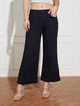 Miss Chase - Women'S Black Wide-Leg Mid Rise Clean Look Cropped Stretchable Denim Jeans