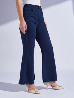 Miss Chase - Women's Navy Blue Bootcut High Rise Clean Look Stretchable Denim Jeans