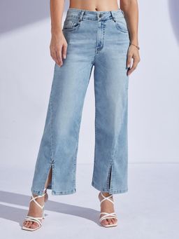 Miss Chase - Women'S Light Blue Wide-Leg Mid Rise Clean Look Stretchable Denim Jeans