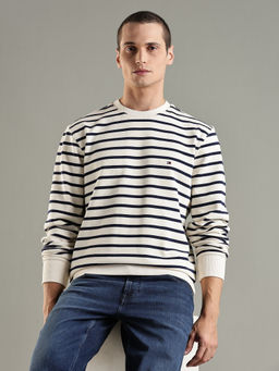 Tommy Hilfiger - Men Off White Striped Regular Fit Cotton Sweater