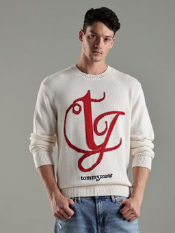 Tommy Hilfiger - Men Off White Embroidered Regular Fit Cotton Sweater
