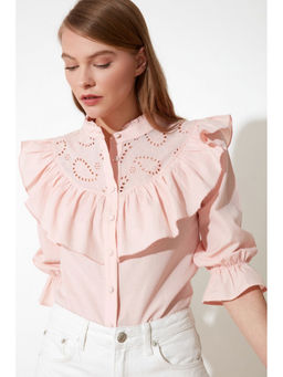Trendyol - Pink Frill Collar High Neck Blouse