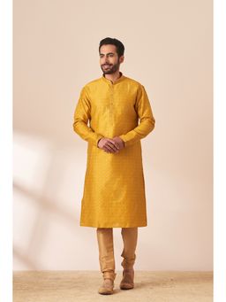 Manyavar - Yellow Blended Cotton Self Design Kurta with Churidar (Set of 2)