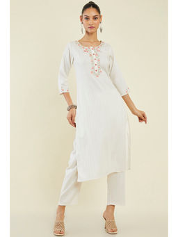 Soch - Women White Viscose Stripes Kurta (Set of 2)