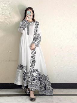 Odette - White Embroidered Georgette Semi Stitched Suit with Dupatta (Set of 3)