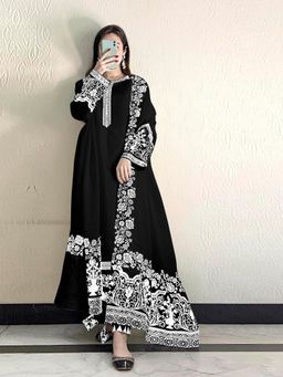 Odette - Black Embroidered Georgette Semi Stitched Suit with Dupatta (Set of 3)