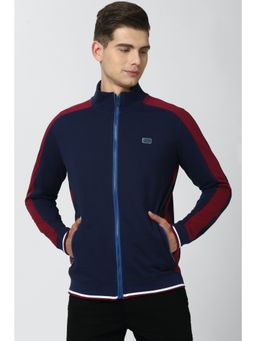 Peter England - Men Navy Colorblock Stylized Neck Sweatshirt