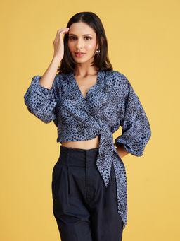 Twenty Dresses by Nykaa Fashion - Work Blue Printed V Neck Wrap Crop Top