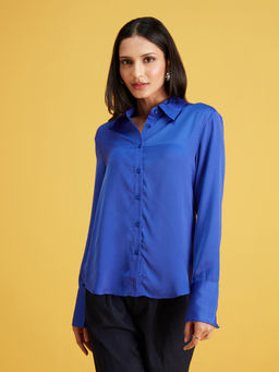 Twenty Dresses by Nykaa Fashion - Royal Blue Full Sleeves Solid Satin Shirt