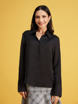 Twenty Dresses by Nykaa Fashion - Black Full Sleeves Solid Satin Shirt