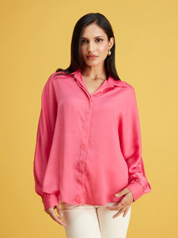 Twenty Dresses by Nykaa Fashion - Candy Pink Dolman Sleeves Solid Satin Shirt